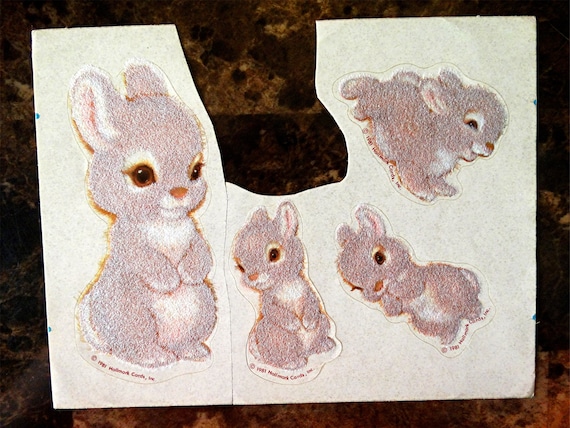 Bunny Rabbit Fuzzy Stickers, Vintage from the 80's. Dated 1981.