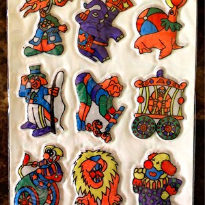 Circusdieren gezwollen vintage stickers uit de jaren 80.