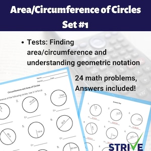 May include: A worksheet with 9 circles of different sizes and a title that reads "Circumference and Area of Circles". The worksheet instructs students to find the circumference of the circles using 3.14 for pi. The answer key is shown on the right side of the image.
