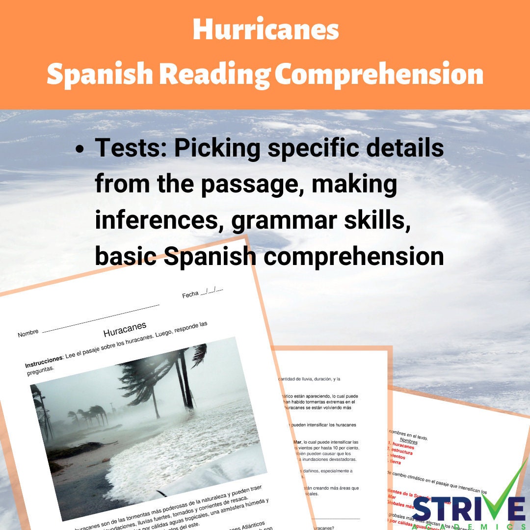 Hurricanes Spanish Reading Comprehension Worksheet With Spanish Reading Comprehension Worksheet