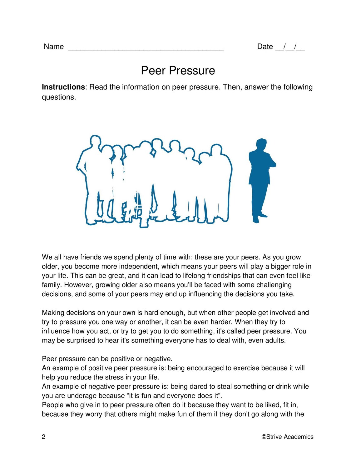 Peer Pressure English Reading Comprehension Worksheet | Etsy