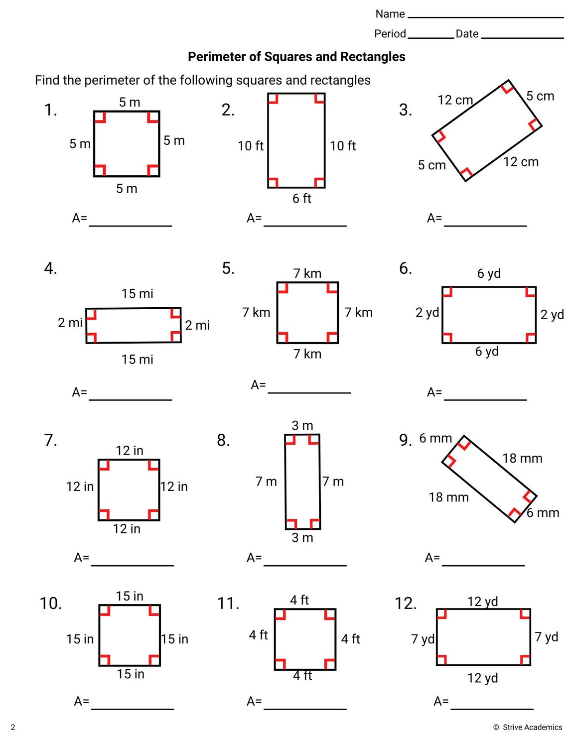Perimeter Of Squares And Rectangles Worksheet Set 1 Etsy