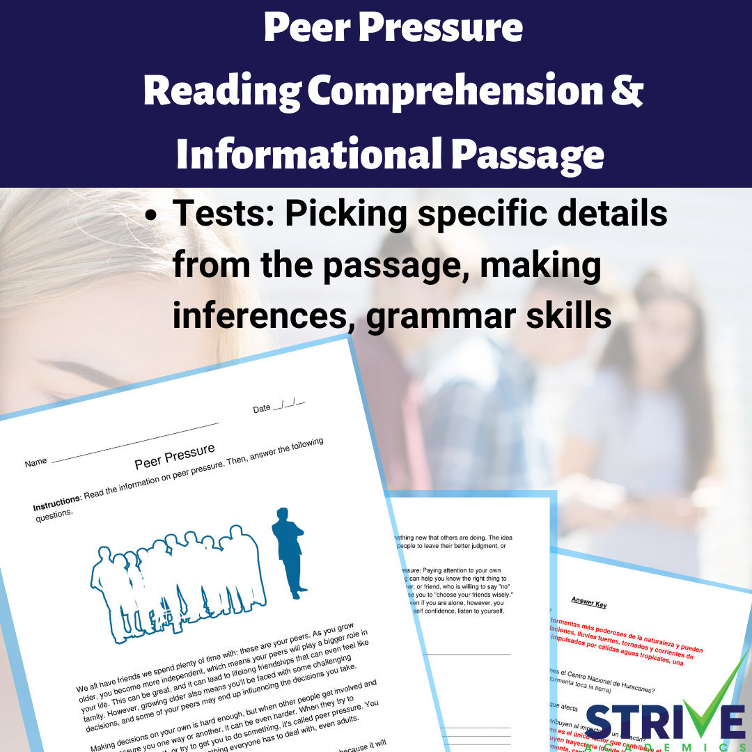 peer pressure english reading comprehension worksheet etsy ireland
