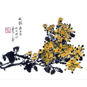 chrysanthemum flower painting japanese sumi-e chinese ink painting home office decoration wall art printed