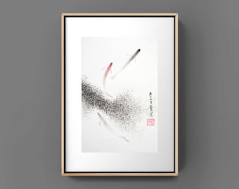 Fishes chinese japanese ink painting office home decor wall art