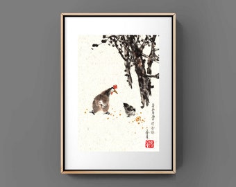 chicken china japan ink painting sumi-e painting office decor home decor wall art