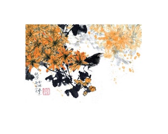 postcard chinese ink painting japanese sumi-e painting landscape flower illustration drawing