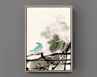 blue bird glory Chinese Japanese sumi-e ink painting office home decor wall art