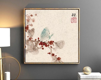 sleeping blue bird Chinese Japanese sumi-e ink painting office home decor wall art
