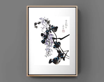 Wisteria flower japanese chinese ink painting chinese painting home house office deco wall art printed