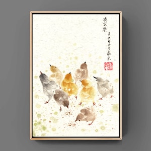 Chick chicken china japan ink painting sumi-e disegno home decor office decor