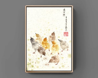 Chick chicken china japan ink painting sumi-e drawing home decor office decor