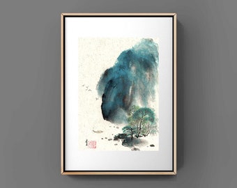 landscape mountain tree Chinese Japanese ink painting office home decor wall art