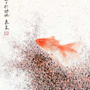 Goldfish japanese sumi-e chinese ink painting chinese painting house office decoration wall art printed