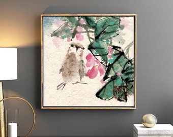 happy bird Chinese Japanese sumi-e ink painting office home decor wall art