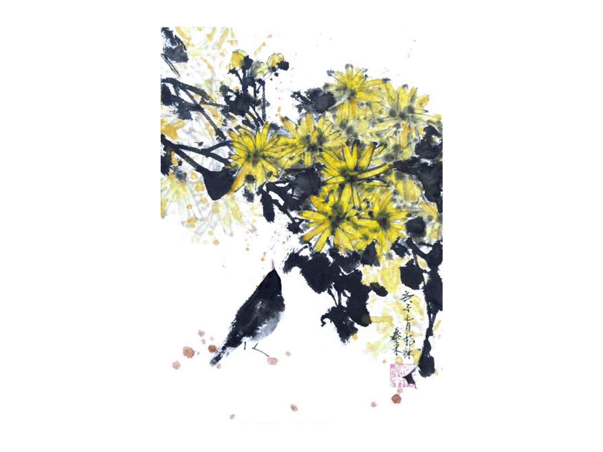 Postcard chrysanthemum daisy ink painting sumie painting Etsy