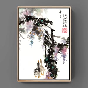 wisteria duck chinese japanese ink sumi-e painting office home decor wall art