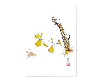 postcard chinese ink painting japanese sumi-e painting landscape flower illustration drawing