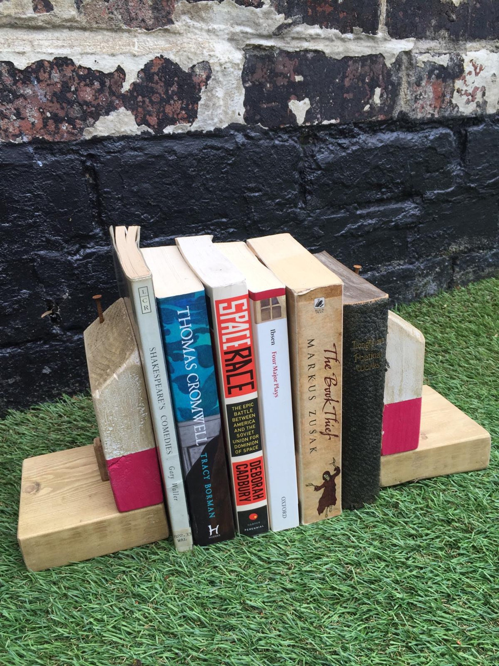 Unique Pink Wooden House Bookends, Reclaimed Wood Bookends, Little