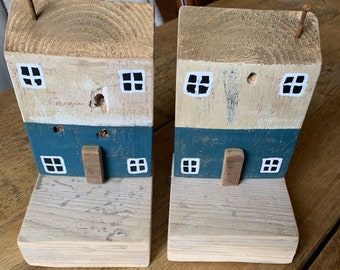 Unique blue wooden house bookends, reclaimed wood bookends, little house bookends, custom bookends, handmade bookends, hand painted bookends