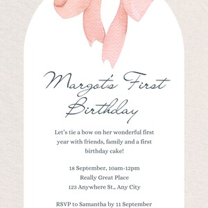 Pink Beige Simple Coquette Bow First Kids Birthday Invitation Instant Download