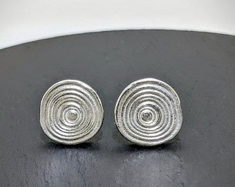 round statement silver earrings, black whale nature motif, organic pattern