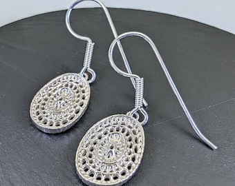 Silver statement ear hooks, minimalist filigree earrings, Black Forest nature motif, oval earrings