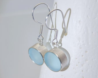 light blue silver earrings with acrylic glass, minimalist statement earrings