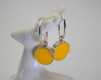 Silver hoop earrings with yellow acrylic pendants, minimalist statement earrings