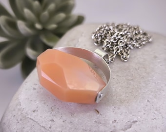 Silver statement pendant, faceted carnelian, minimalist necklace handmade