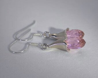 Silver statement ear hooks, pink zirconia drops faceted, natural flower motif