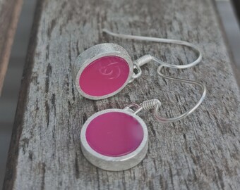 pink silver earrings with acrylic glass, round minimalist statement earrings