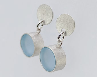 Statement Silver stud earrings, blue acrylic glass, round chandelier earrings