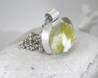 Silver statement pendant, faceted light green Conamara, individual necklace handmade