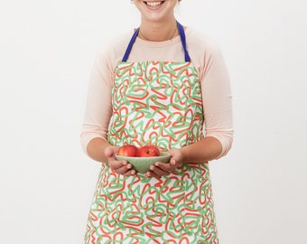 Red and green cotton apron, with matching pocket, blue strap, loop for hanging, Height adjustable apron which fits all sizes with blue strap