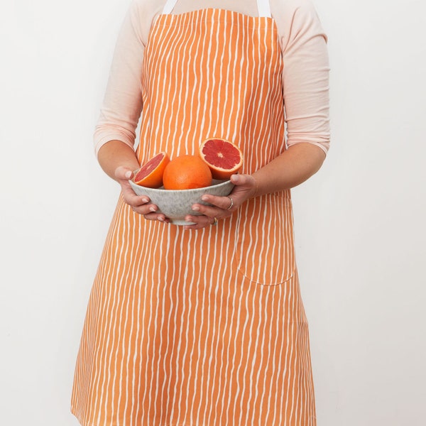 Orange stripy apron, with matching pocket and loop for hanging, Striped apron with height adjustable strap, fits all sizes