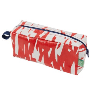 Red and white boxy wash bag with contrasting navy blue waterproof lining and YKK zip, Laminated red and white wash bag with lining image 2