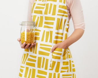 Yellow block pattern apron with matching pocket, blue strap and loop for hanging, Yellow apron with height adjustable strap, fits all sizes