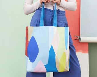 Colourful abstract print tote bag with inside pocket and gusset