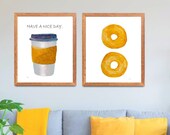 Coffee donut painting print set of 2 watercolour cafe bakery mixed media wall art wall decor home decor arts print collection