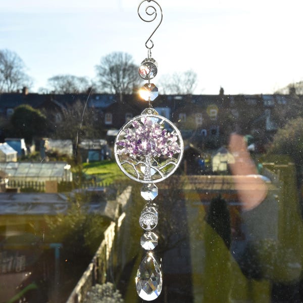 February Birthstone! Amethyst gem chips Tree of Life CHAKRA theme crystal glass sun / light catcher SUNCATCHER HANDMADE (*)
