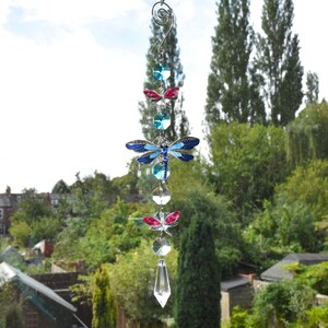 Turquoise Blue, pink and enamel DRAGONFLY theme crystal glass sun / light catcher SUNCATCHER HANDMADE