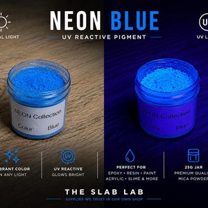 Op de afbeelding: Een potje van 25g met neonblauw UV-reactief pigmentpoeder. Het etiket vermeldt NEON Collection Color: Blue. De afbeelding toont het poeder bij normaal licht en onder UV-licht, waarbij het fel oplicht. Het is een hoogwaardig micapoeder.