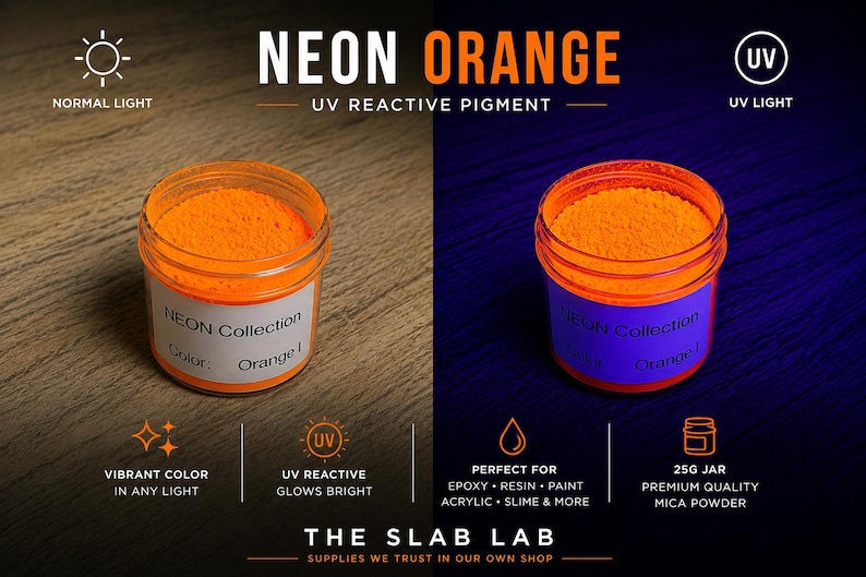 Op de afbeelding: Een doorzichtige pot gevuld met neonoranje UV-reactief pigmentpoeder. Het etiket vermeldt NEON Collection en Color: Orange I. De afbeelding toont het poeder onder normaal licht en UV-licht, wat de levendige kleur en gloei-eigenschappen benadrukt.
