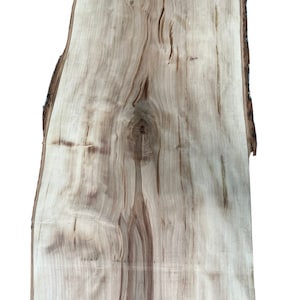 May include: A large, light brown wood slab with a natural edge. The wood has a knot in the center and a light grain pattern.