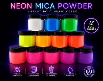 May include: Twelve jars of neon mica powder arranged in a pyramid. The text reads NEON MICA POWDER, VIBRANT. BOLD. UNAPOLOGETIC., 12 BOLD COLORS, HIGHLY PIGMENTED, PERFECT FOR EPOXY RESIN, DIY PROJECTS & CRAFTS, EASY TO MIX & DISSOLVE, THE SLAB LAB.
