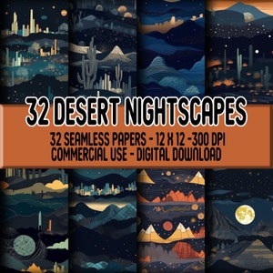 32 Paisajes nocturnos del desierto Papel digital transparente Cactus Luna Montañas Noche