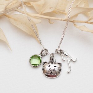 Peut inclure: Un collier en argent avec un pendentif chat, une pierre précieuse verte et un pendentif lettre 'A'.