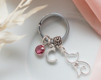 Cat keychain, animal keychain,  personalised gifts, initial birthstone, cat owner gift, pet loss keepsake