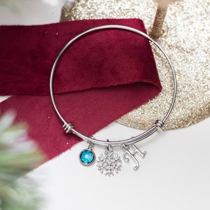 May include: A silver bangle bracelet with a blue crystal charm, a snowflake charm, and a letter "H" charm.